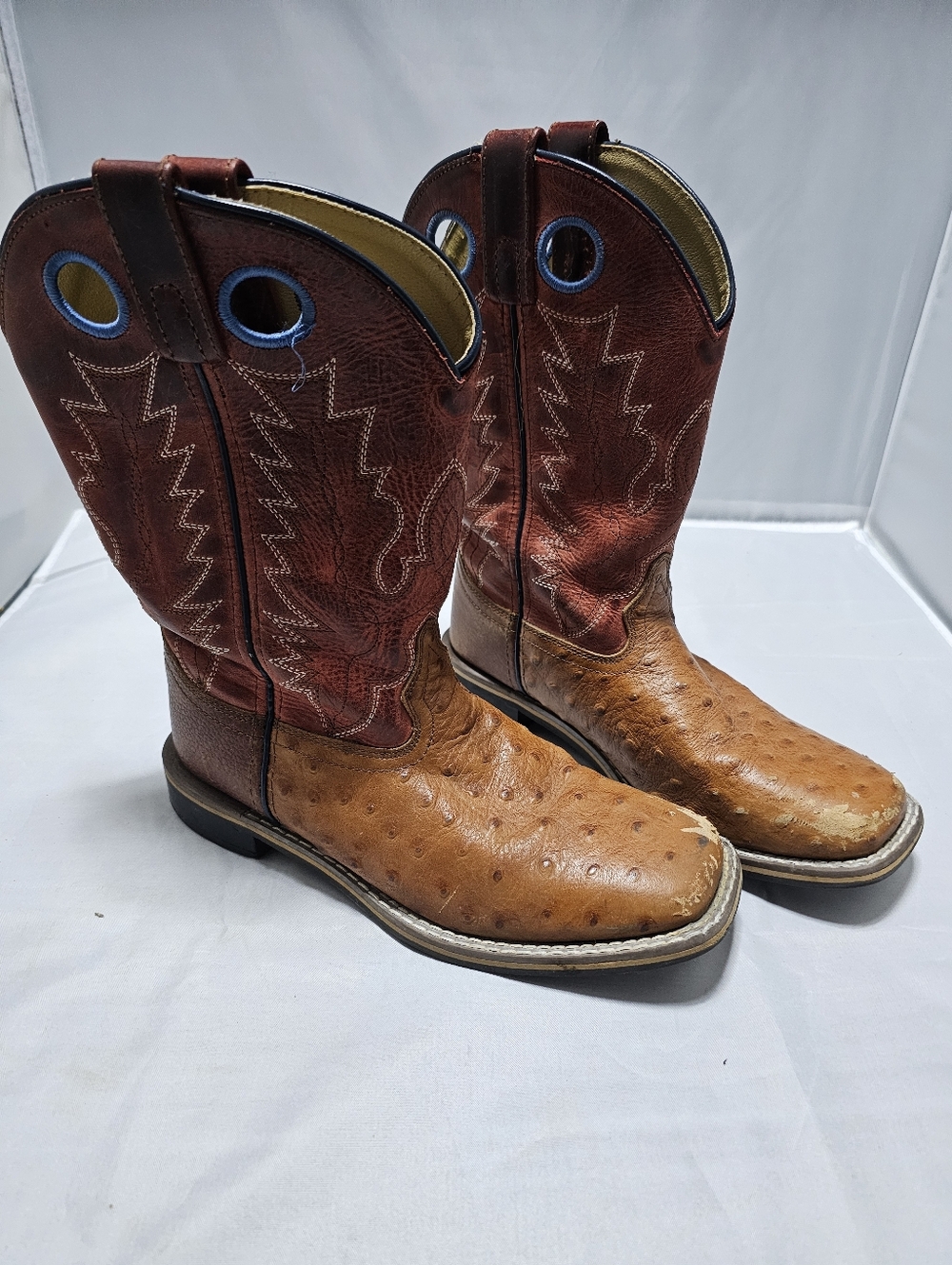 Brown Ostrich Leather Cowboy Boots with Red Shaft Boys Or Girls Sz 4